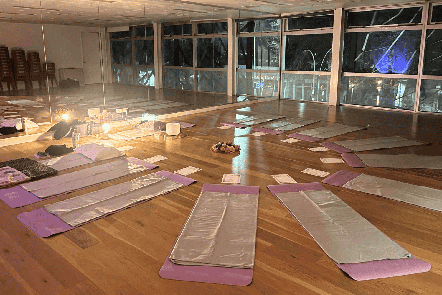A softly lit healing space at night